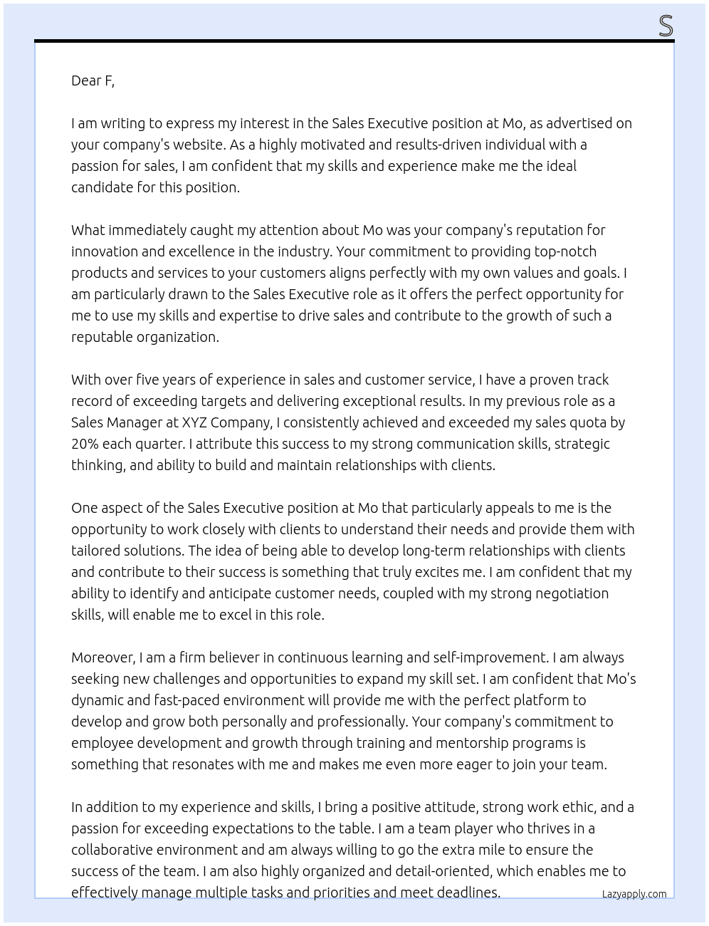 Sales Executive At Mo Cover Letter