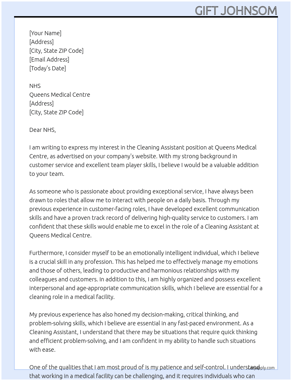 cleaning assistant At Queens medical centre Cover Letter