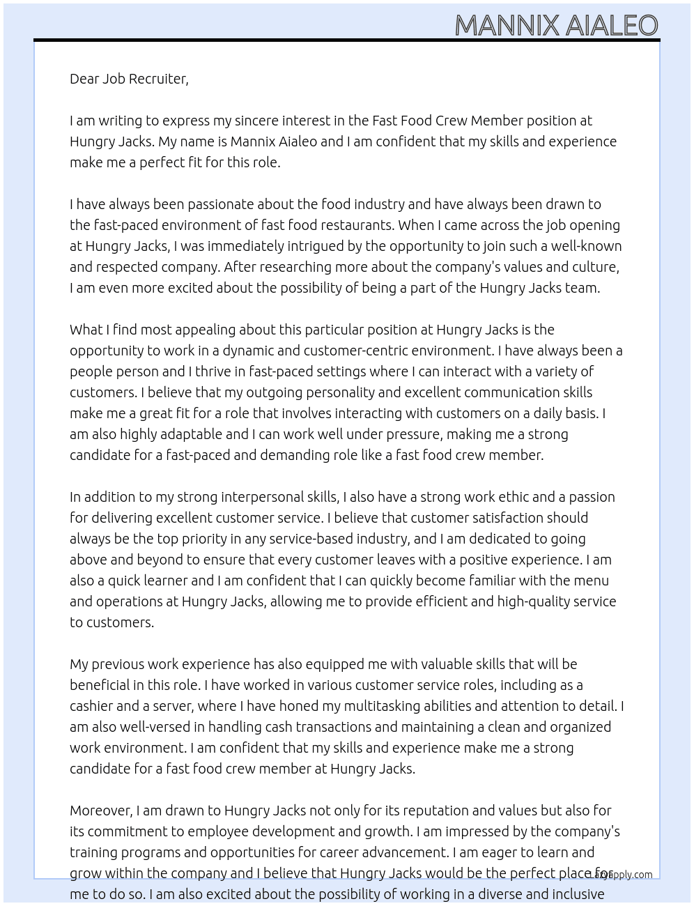 Fast food crew member At Hungry jacks Cover Letter