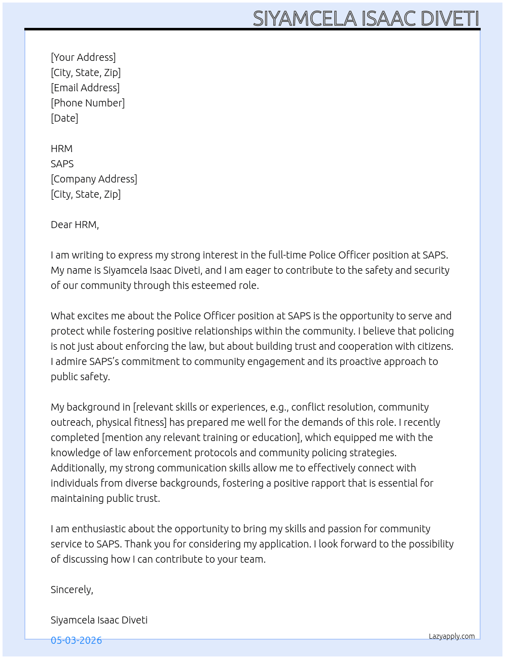 police officer  At saps Cover Letter