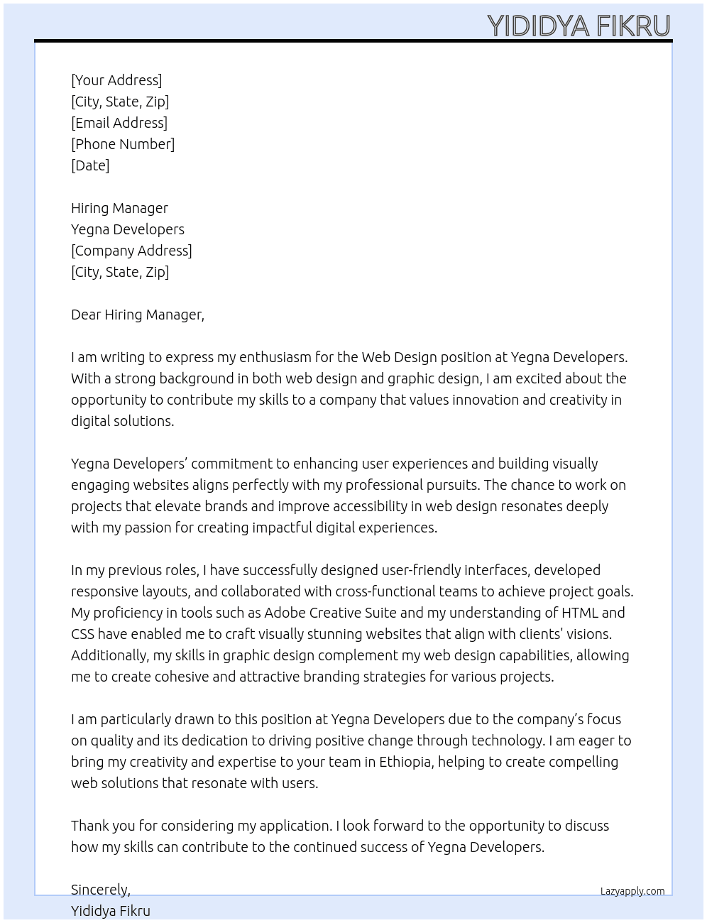 web design At Yegna Developers Cover Letter