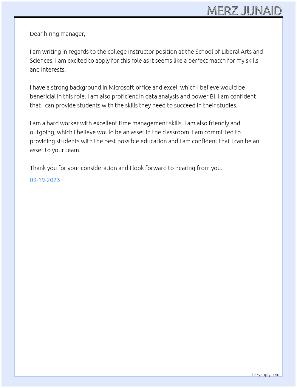 College Instructor  At School of Liberal Arts and Sciences  Cover Letter