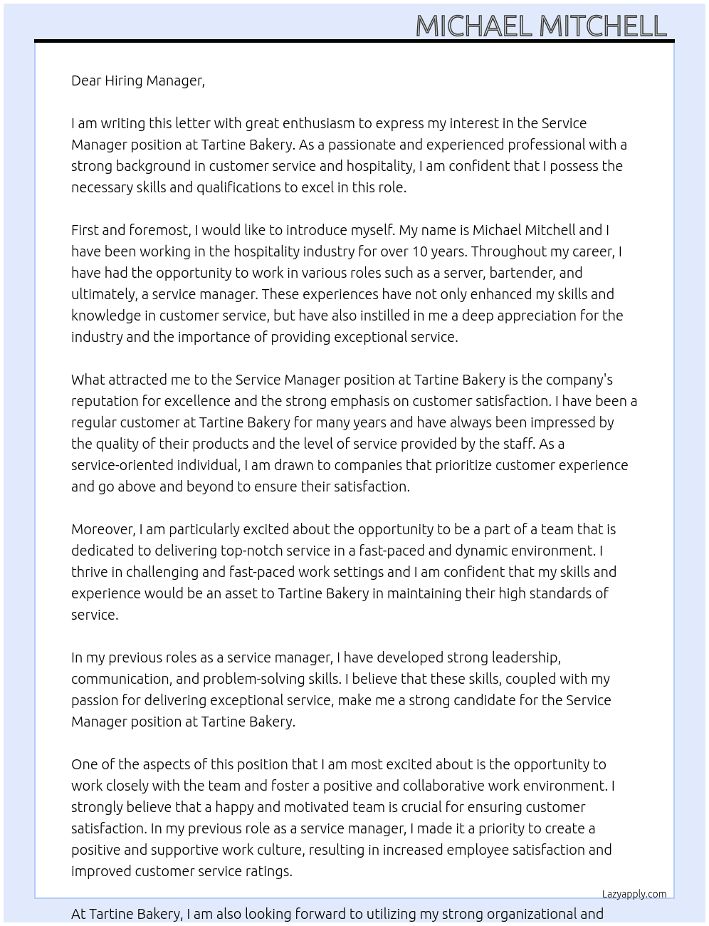 Service Manager  At Tartine Bakery Cover Letter