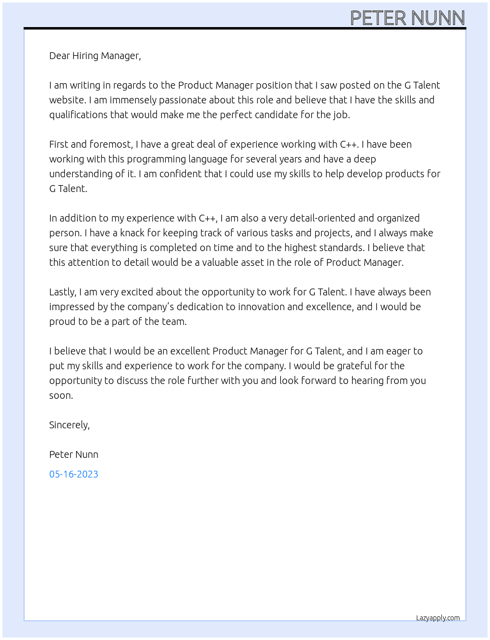 Product Manager  At G Talent Cover Letter