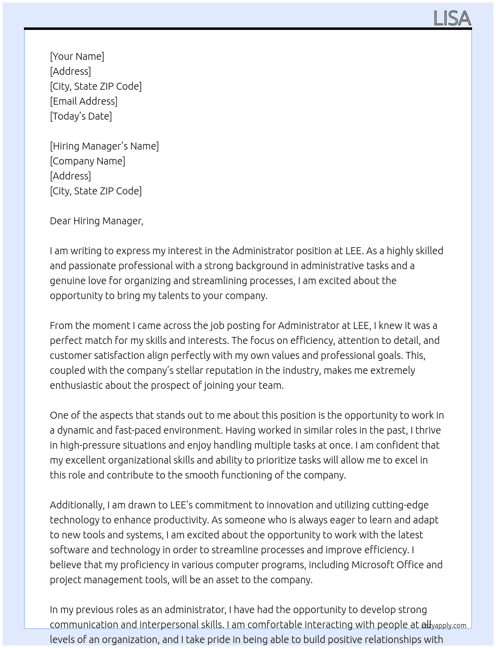 Administrator At LEE Cover Letter