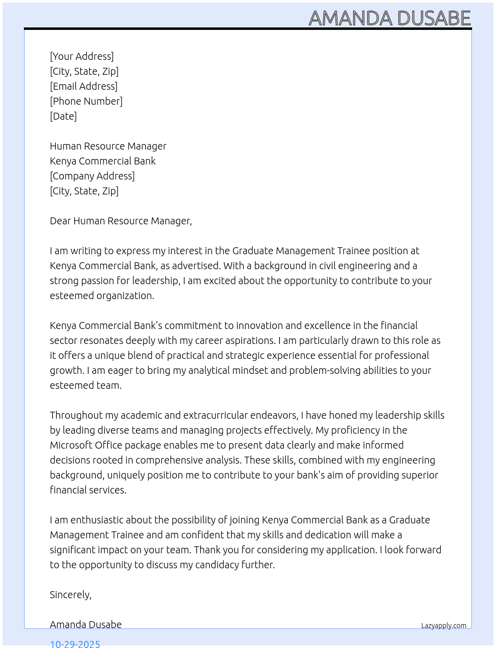 Graduate Management Trainee At Kenya Commercial Bank Cover Letter