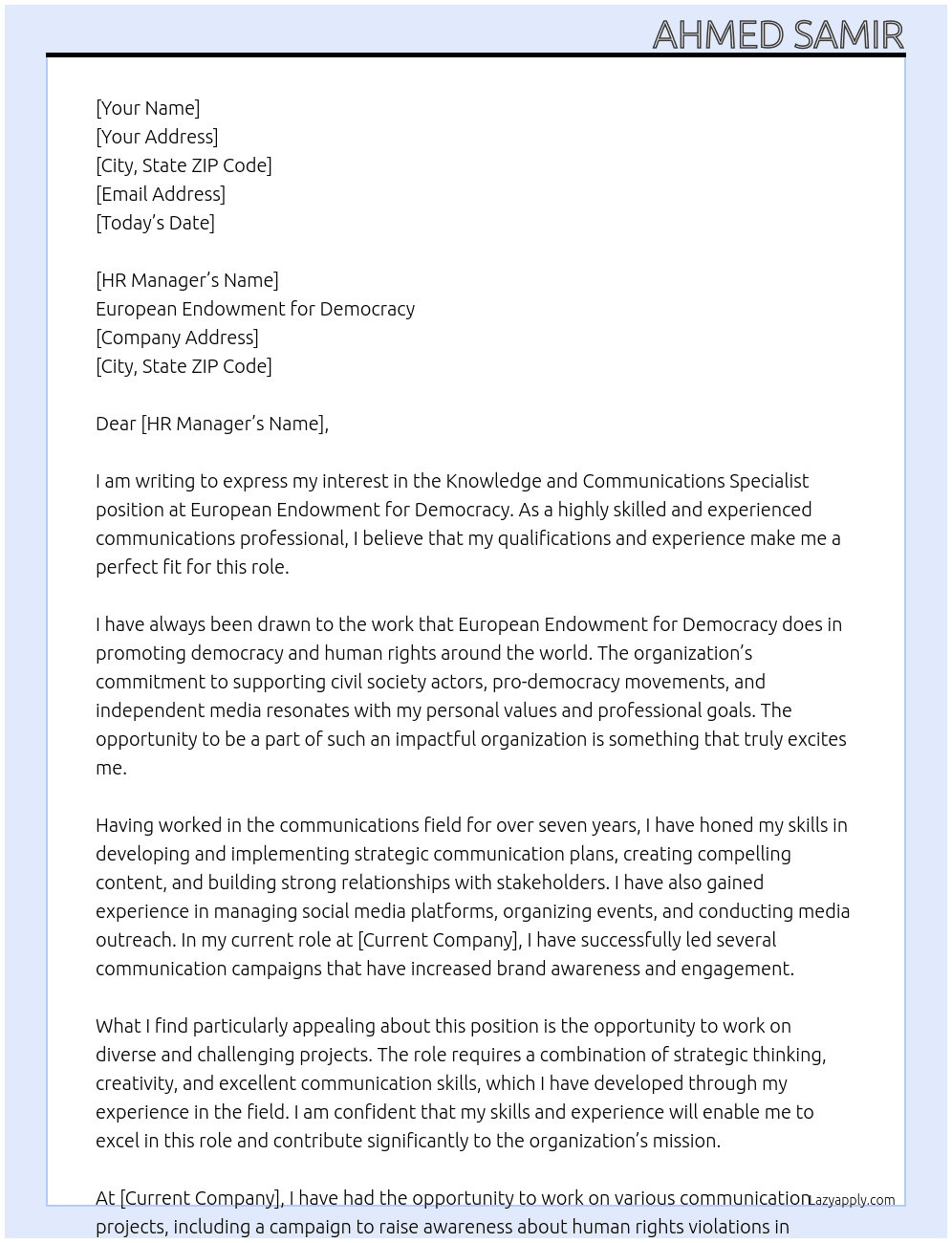 Knowledge and Communications Specialist At European Endowment for Democracy Cover Letter