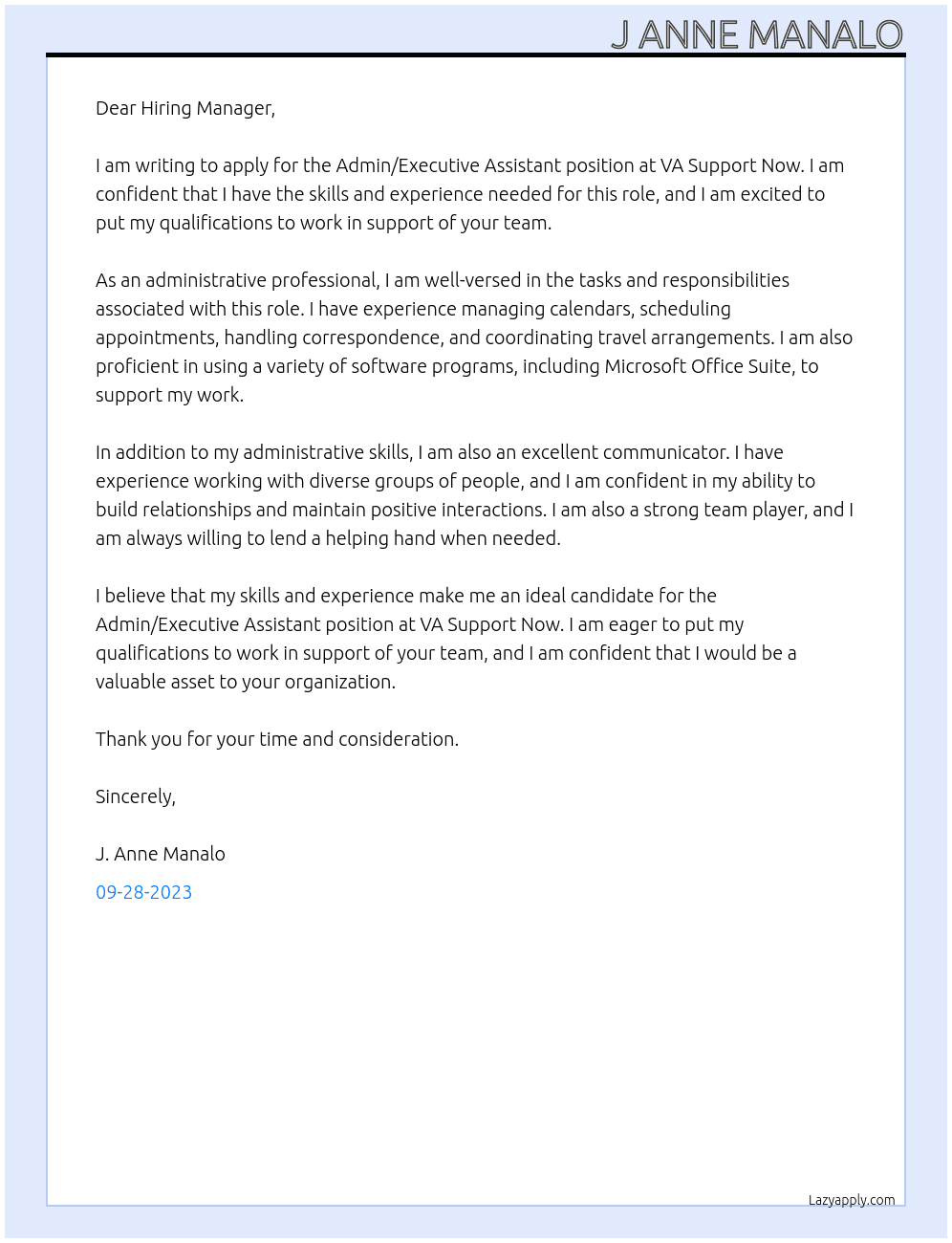 Admin/Executive Assistant Position At VA Support Now Cover Letter