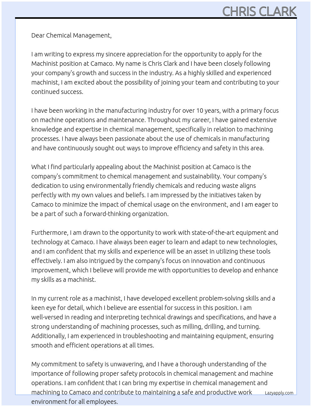 Machinist At Camaco Cover Letter