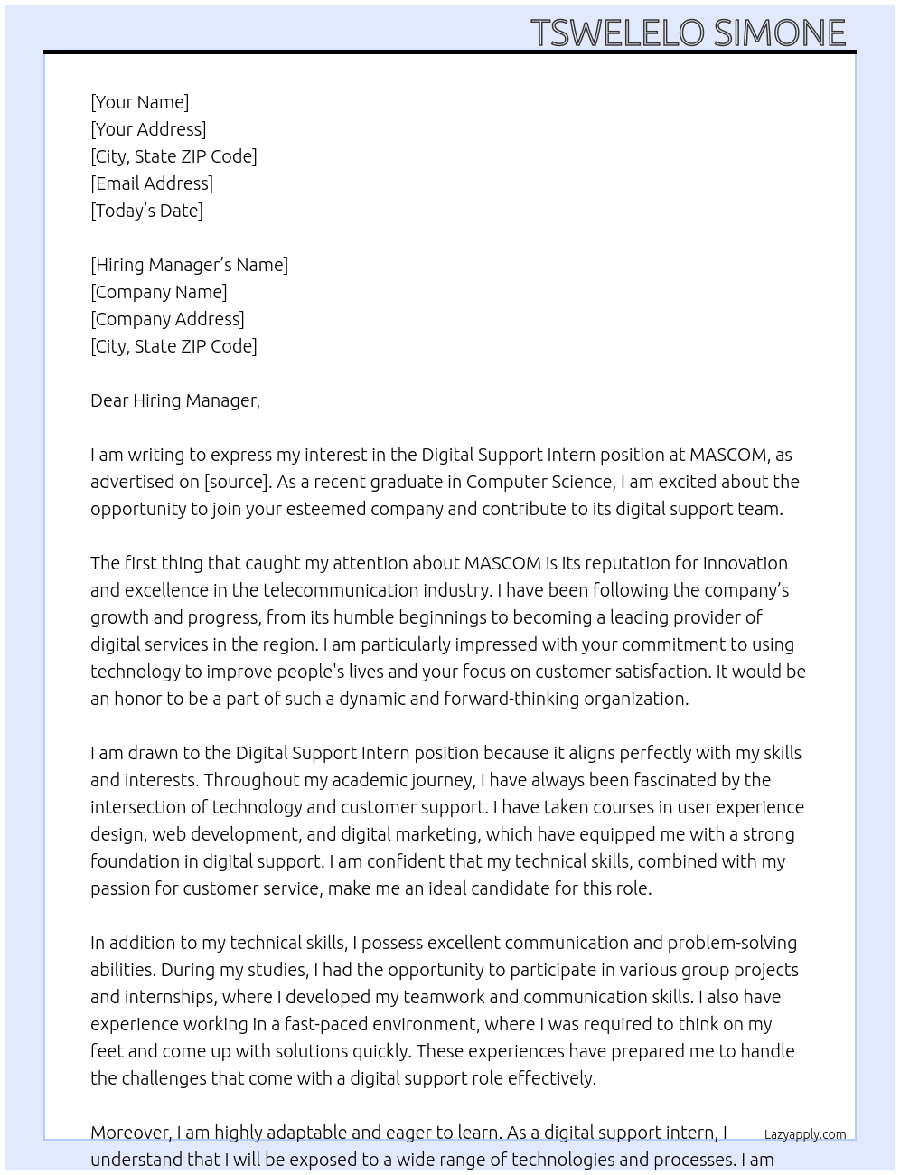 Cover letter for digital support intern - LazyApply