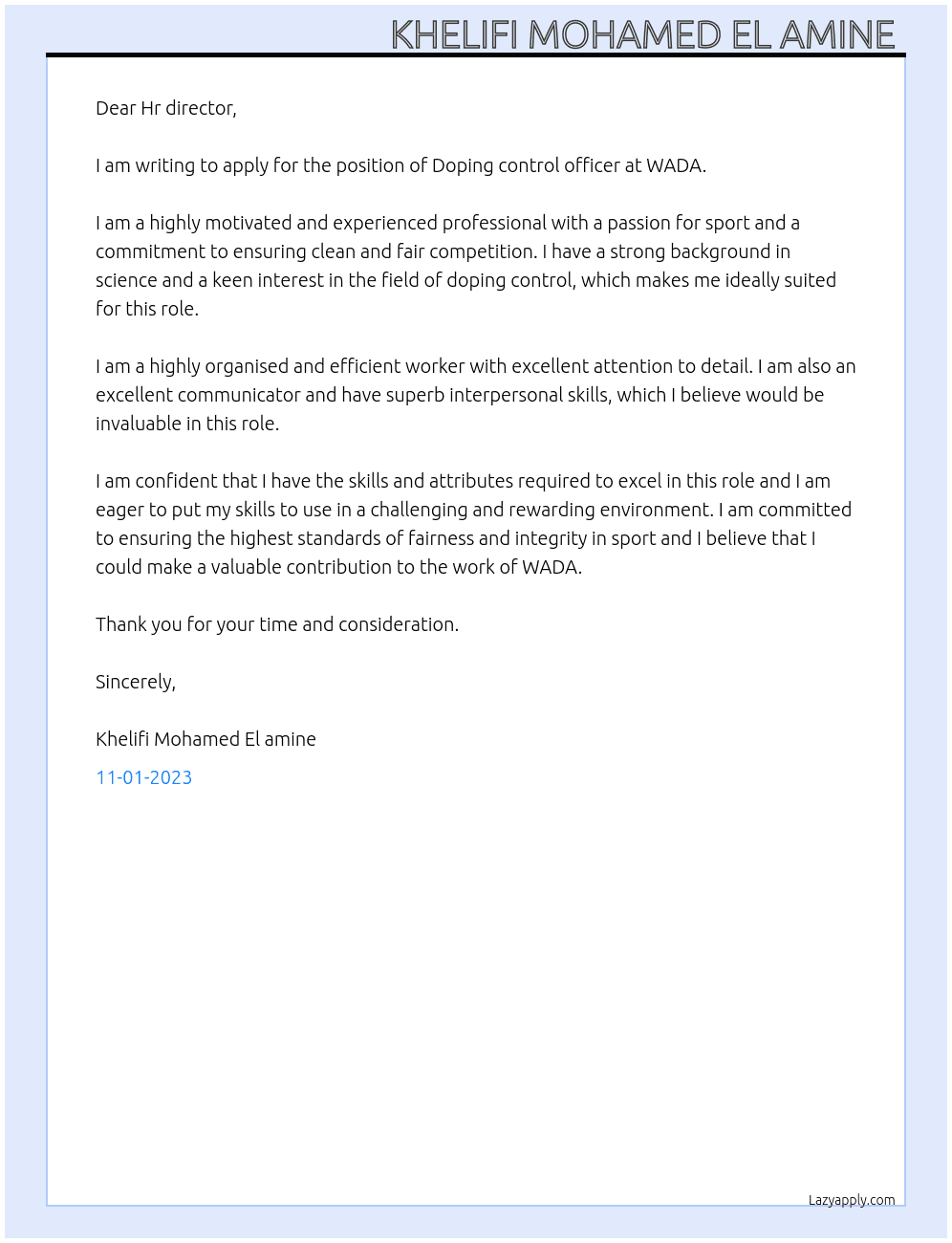 Doping control officer  At WADA Cover Letter