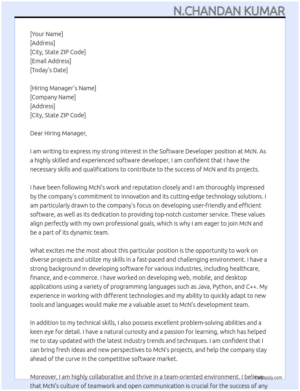 Software developer  At Mcn Cover Letter