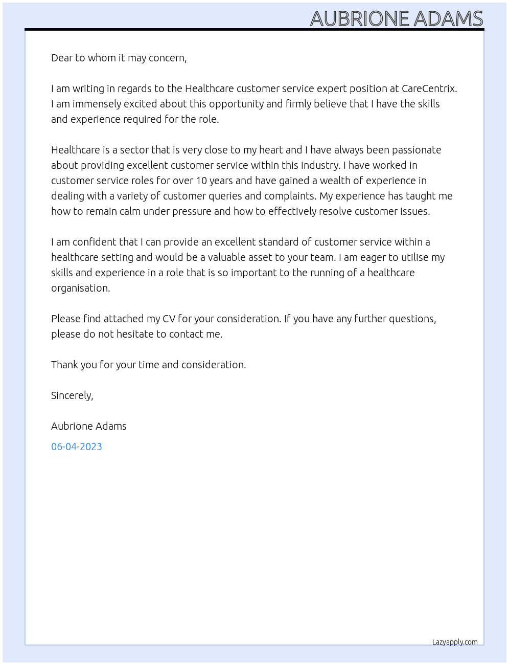Healthcare customer service expert At CareCentrix Cover Letter