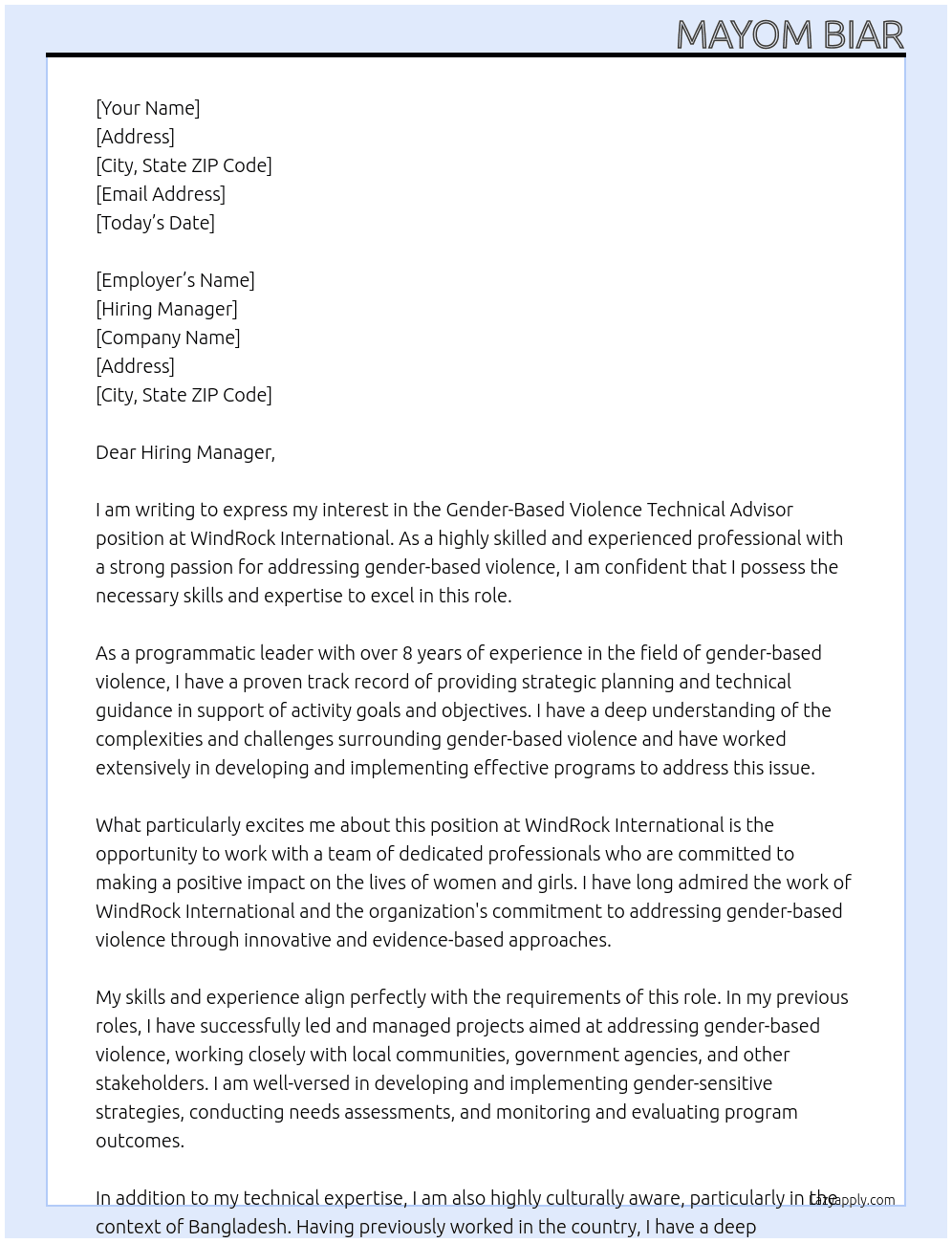Gender-Based Violence  Technical Advisor At WIndRock International Cover Letter