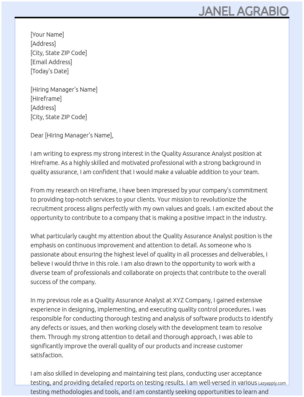 Quality Assurance Analyst At Hireframe Cover Letter