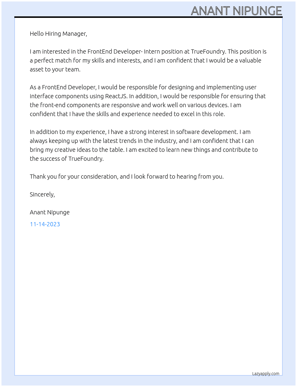 FrontEnd Developer- Intern at TrueFoundry At TrueFoundry Cover Letter