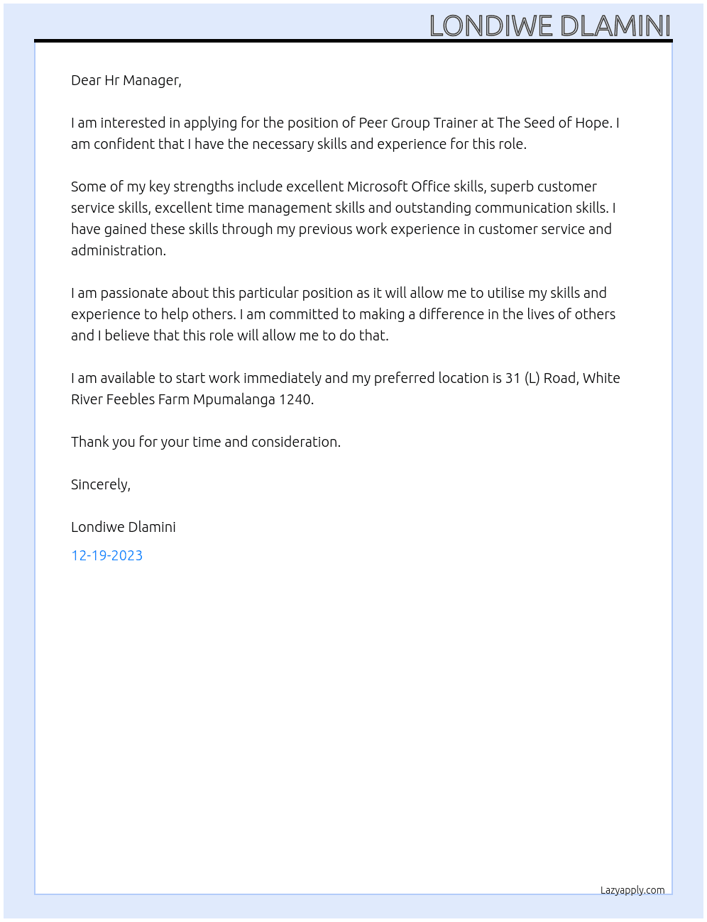 Peer Group Trainer At The Seed of Hope Cover Letter