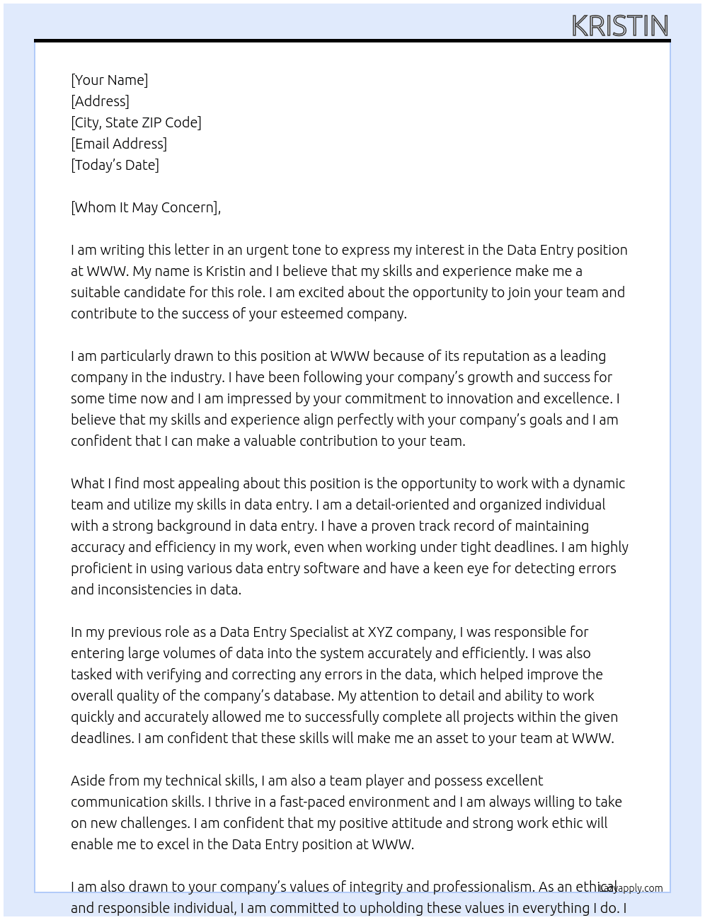 Data Entry At WWW Cover Letter