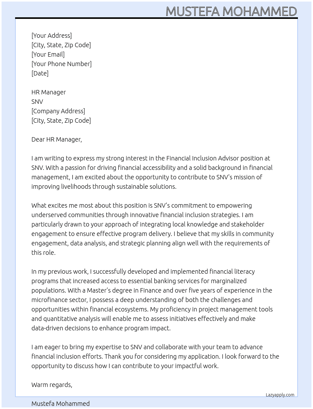 Financial Inclusion Advisor At SNV Cover Letter