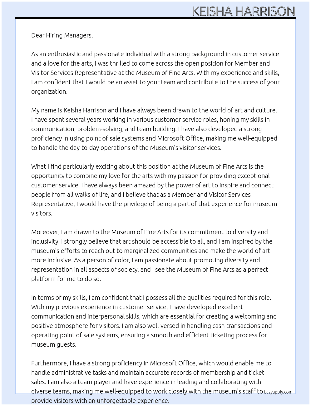 Member and visitor services representative  At Museum of fine arts  Cover Letter