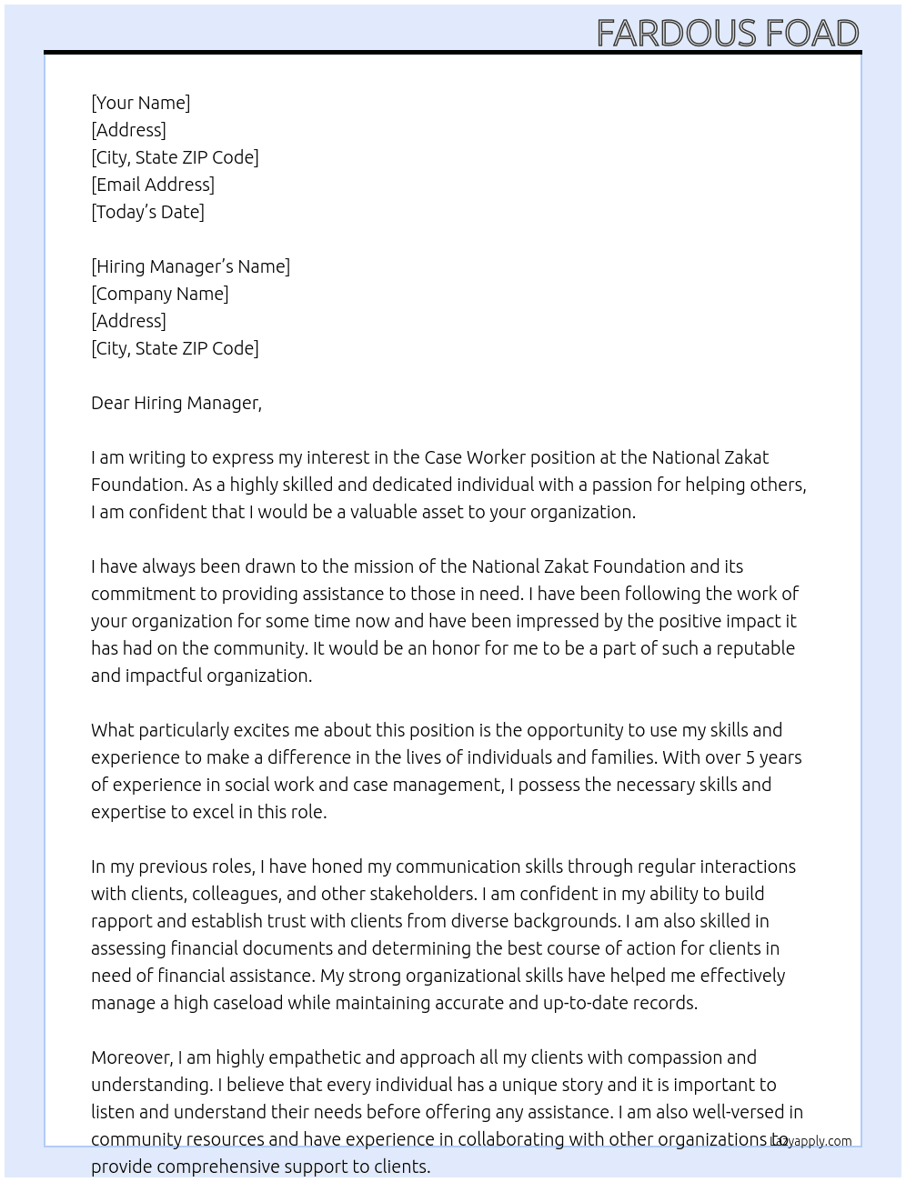 Case Worker At National Zakat Foundatiom Cover Letter