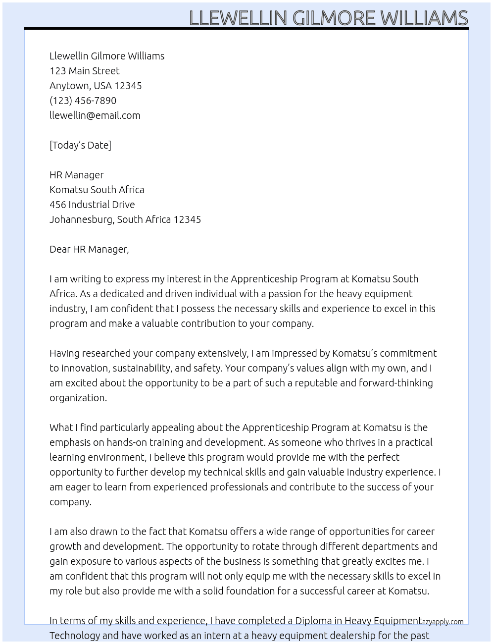 Apprenticeship Program At Komatsu South Africa Cover Letter
