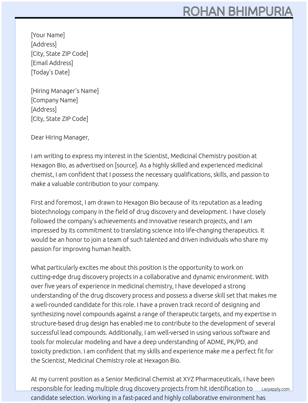 Scientist, Medicinal Chemistry At Hexagon Bio Cover Letter