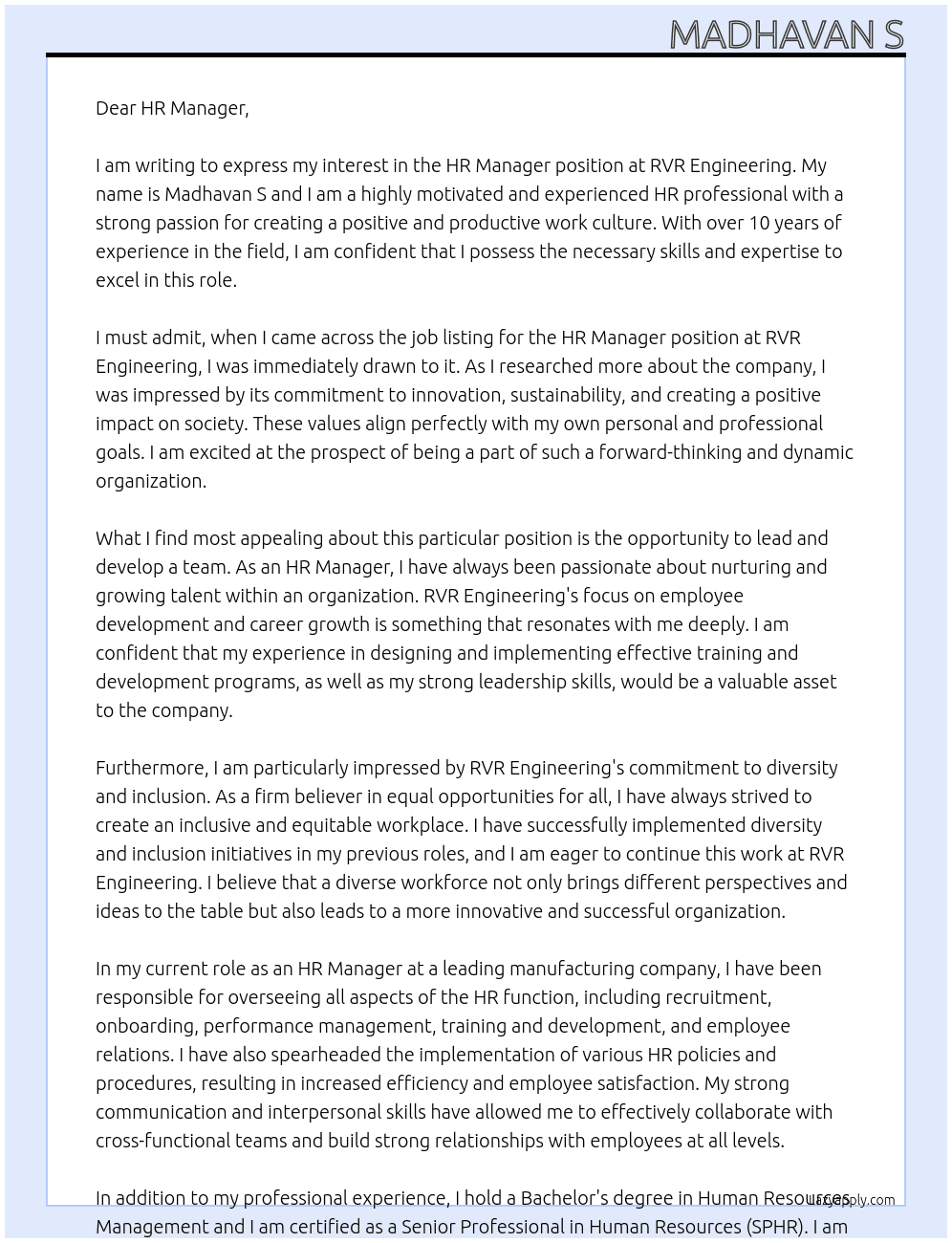 HR Manager At RVR Engineering Cover Letter