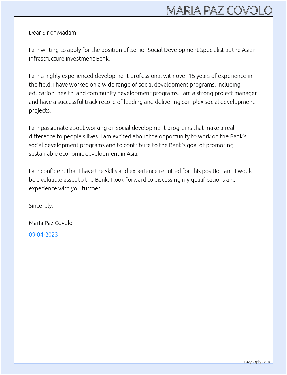 Senior Social Development Specialist  At Asian Infrastructure Investment Bank Cover Letter