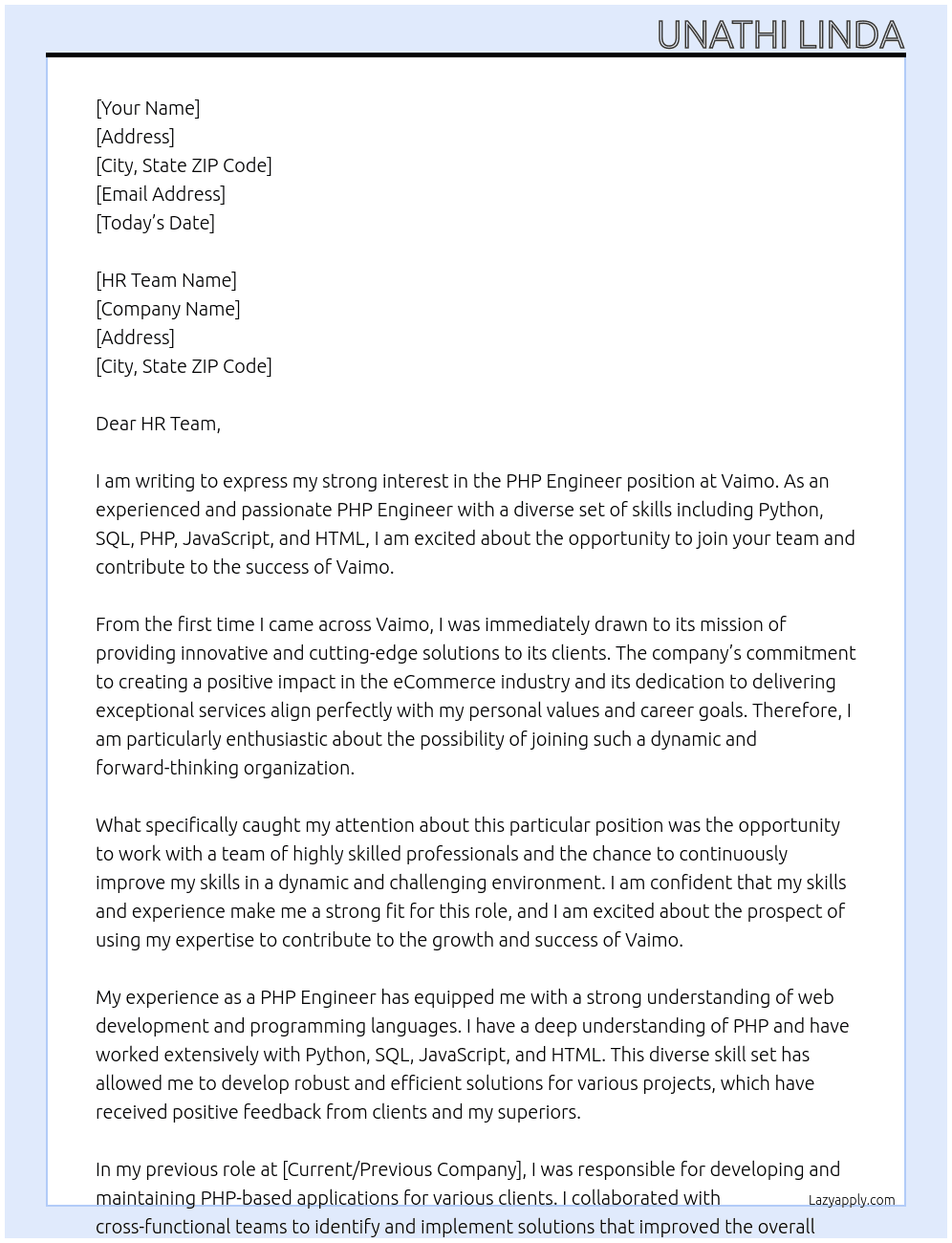 PHP engineer At Vaimo  Cover Letter