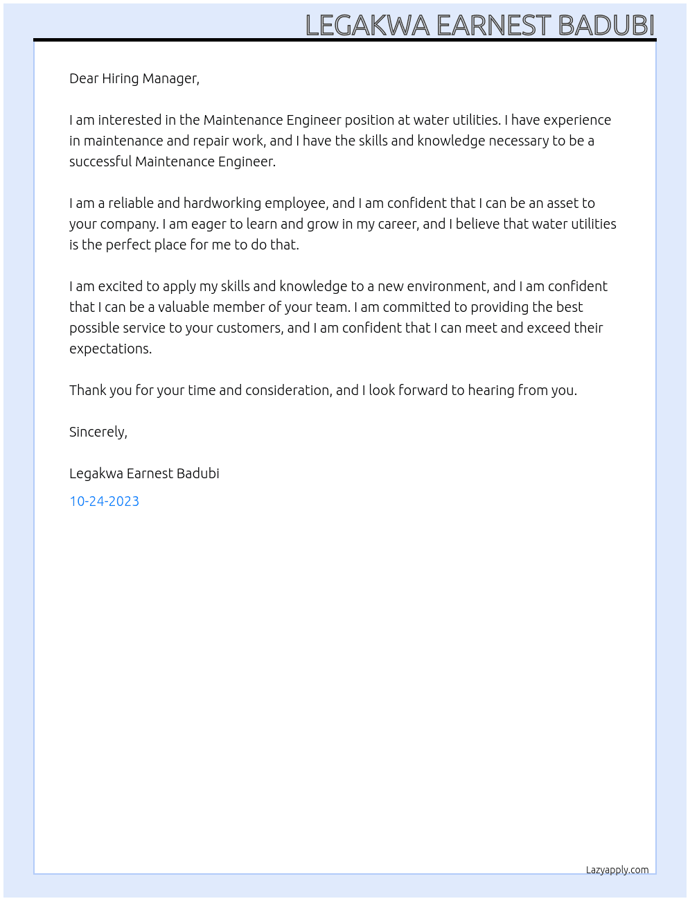 Maintenance Engineer At water utilities  Cover Letter