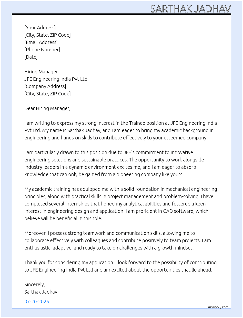 Trainee At JFE Engineering India Pvt Ltd Cover Letter