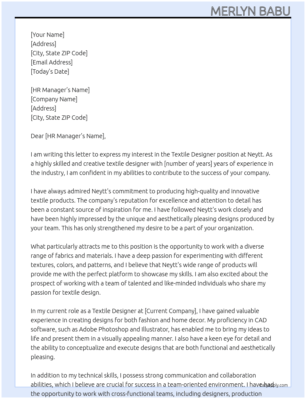 textile designer At neytt Cover Letter