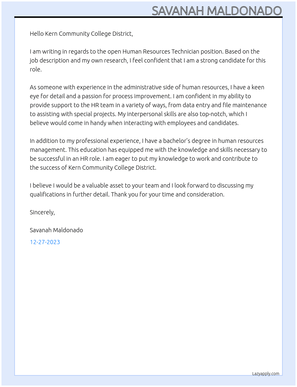 Human Resources Technician At Kern Community College Cover Letter