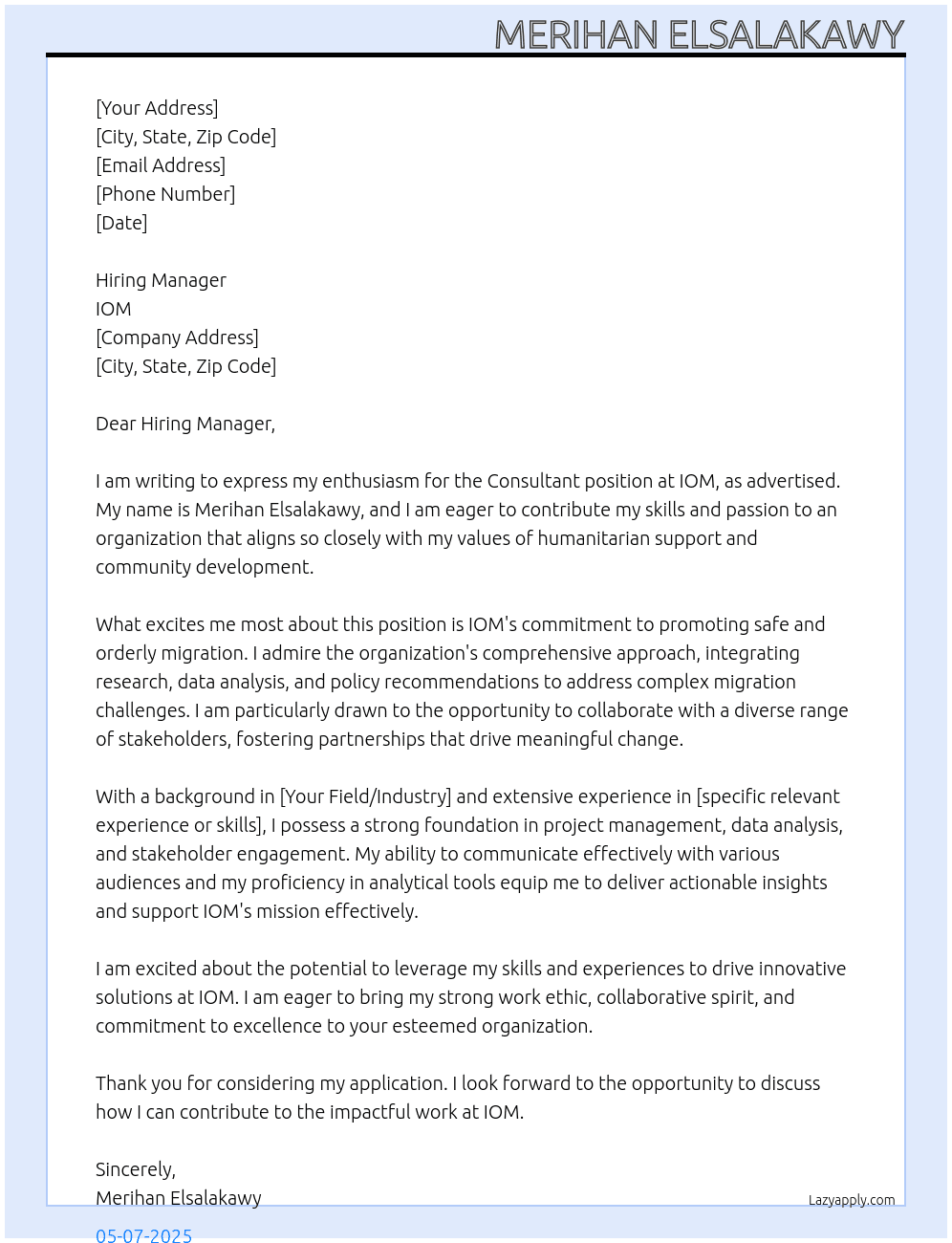 Consultant At IOM Cover Letter