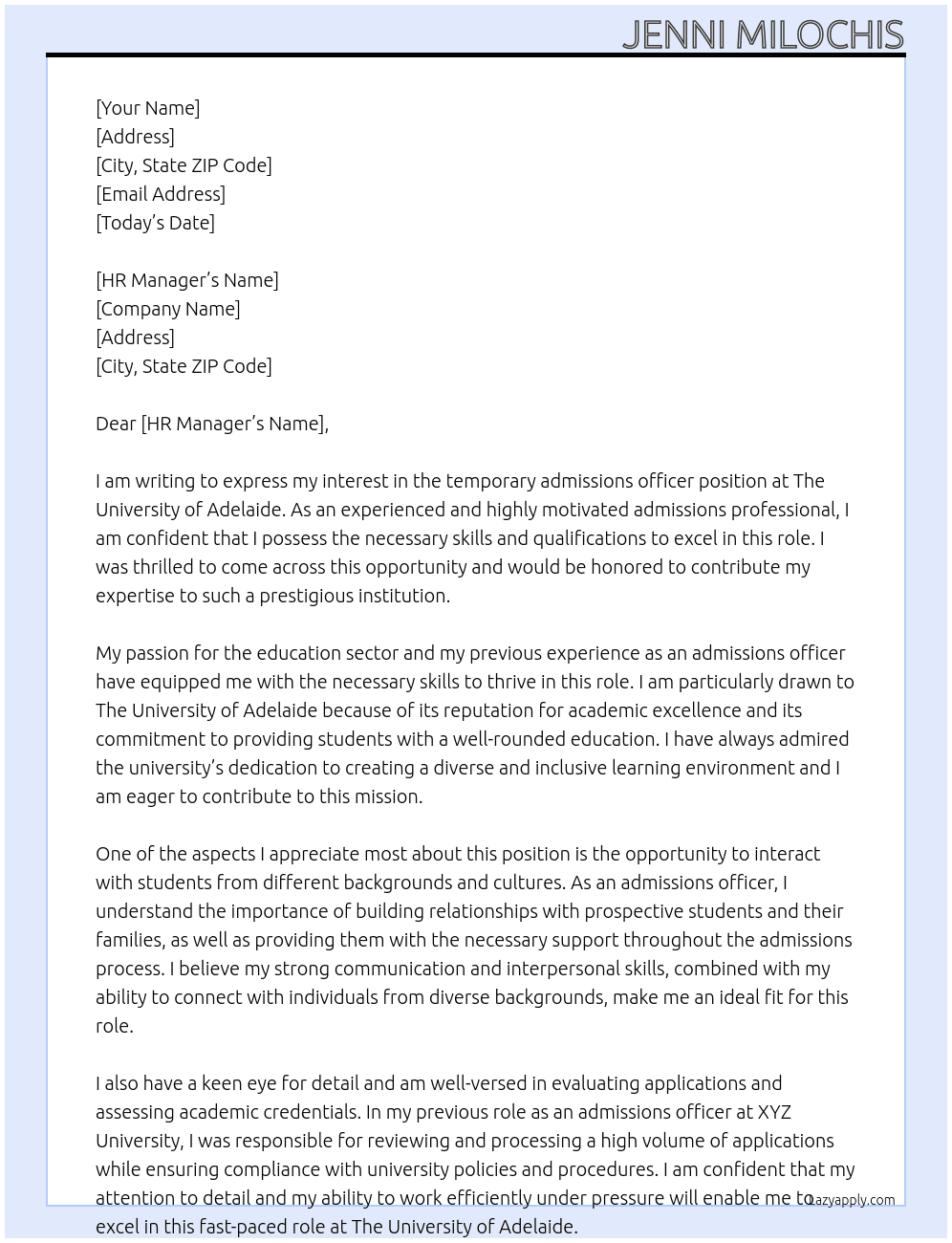 admissions officer At The University of Adelaide Cover Letter