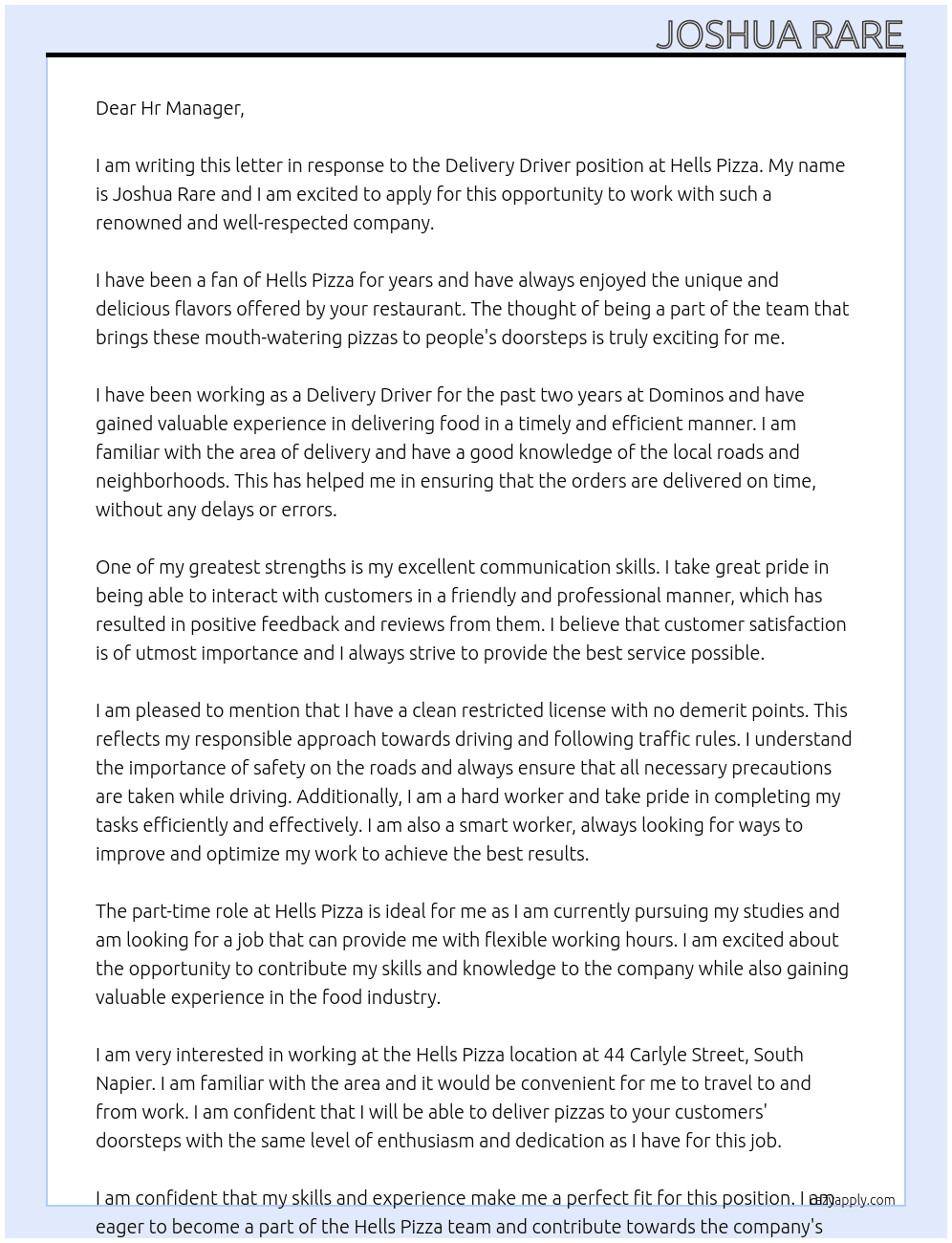 Delivery Driver At Hells Pizza  Cover Letter