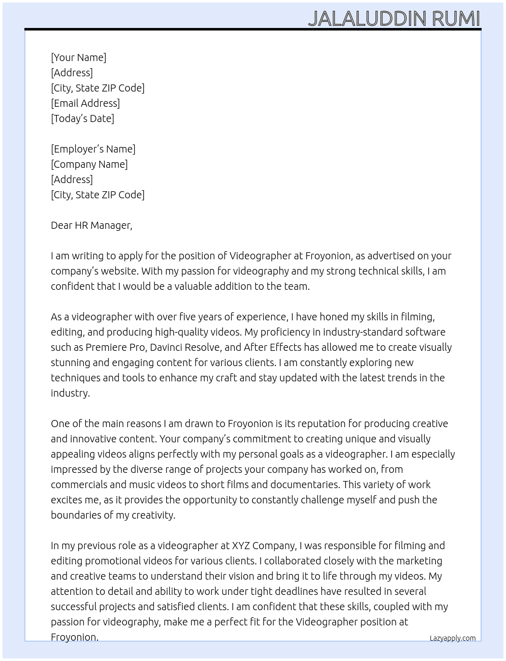 Videographer At Froyonion Cover Letter