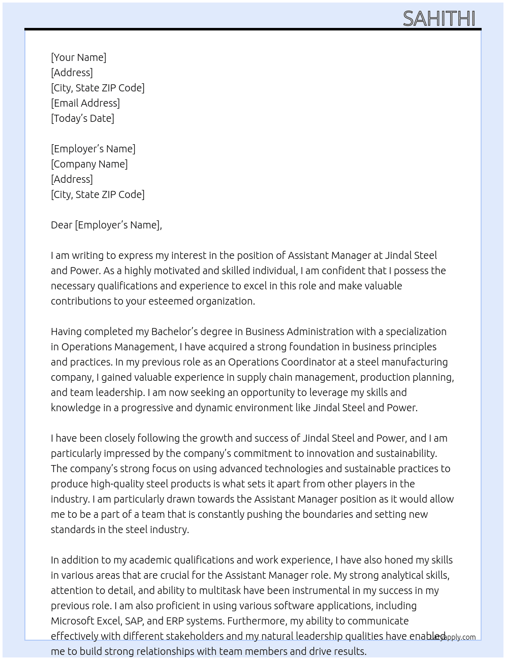 Assistant manager  At Jindal steel and power Cover Letter