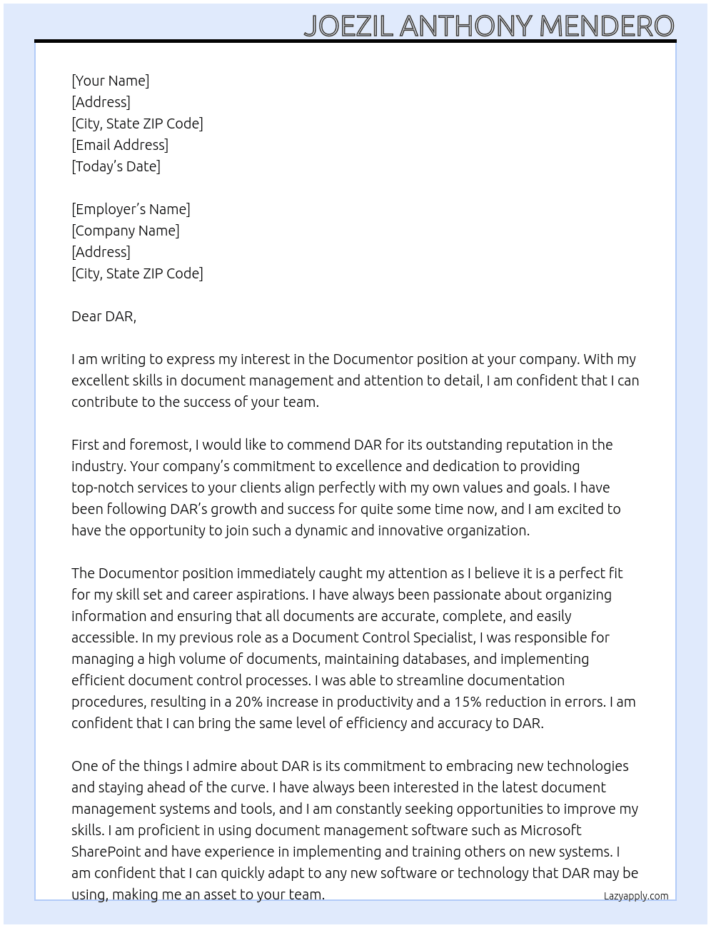 documentor At DAR Cover Letter