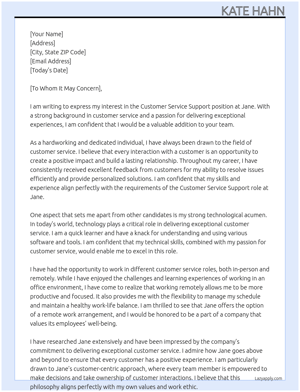 Customer Service Support  At Jane  Cover Letter
