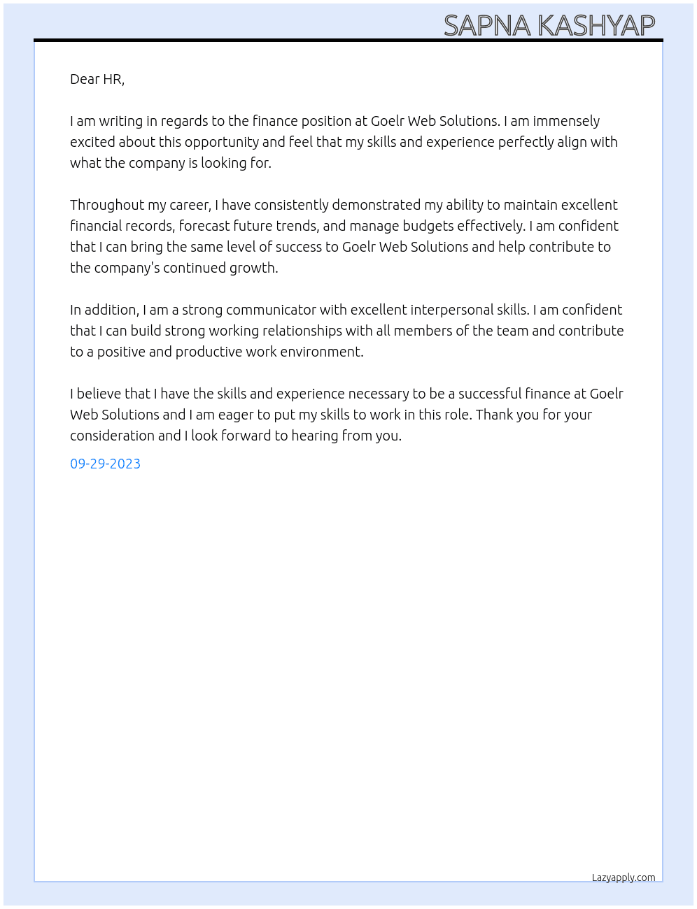 finance At goelr web solution Cover Letter