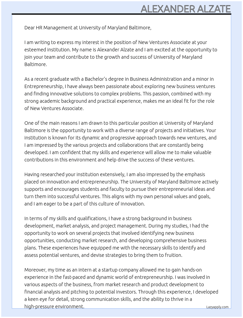 new ventures associate At University of Maryland Baltimore Cover Letter