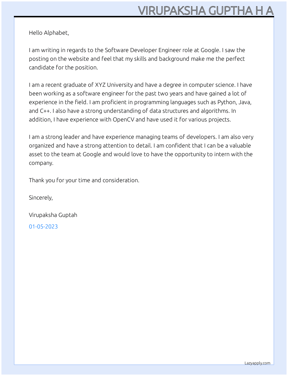 SOFTWARE DEVELOPER ENGINEER  At Google  Cover Letter