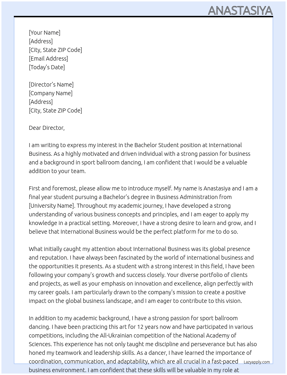 Bachelor student At International business Cover Letter