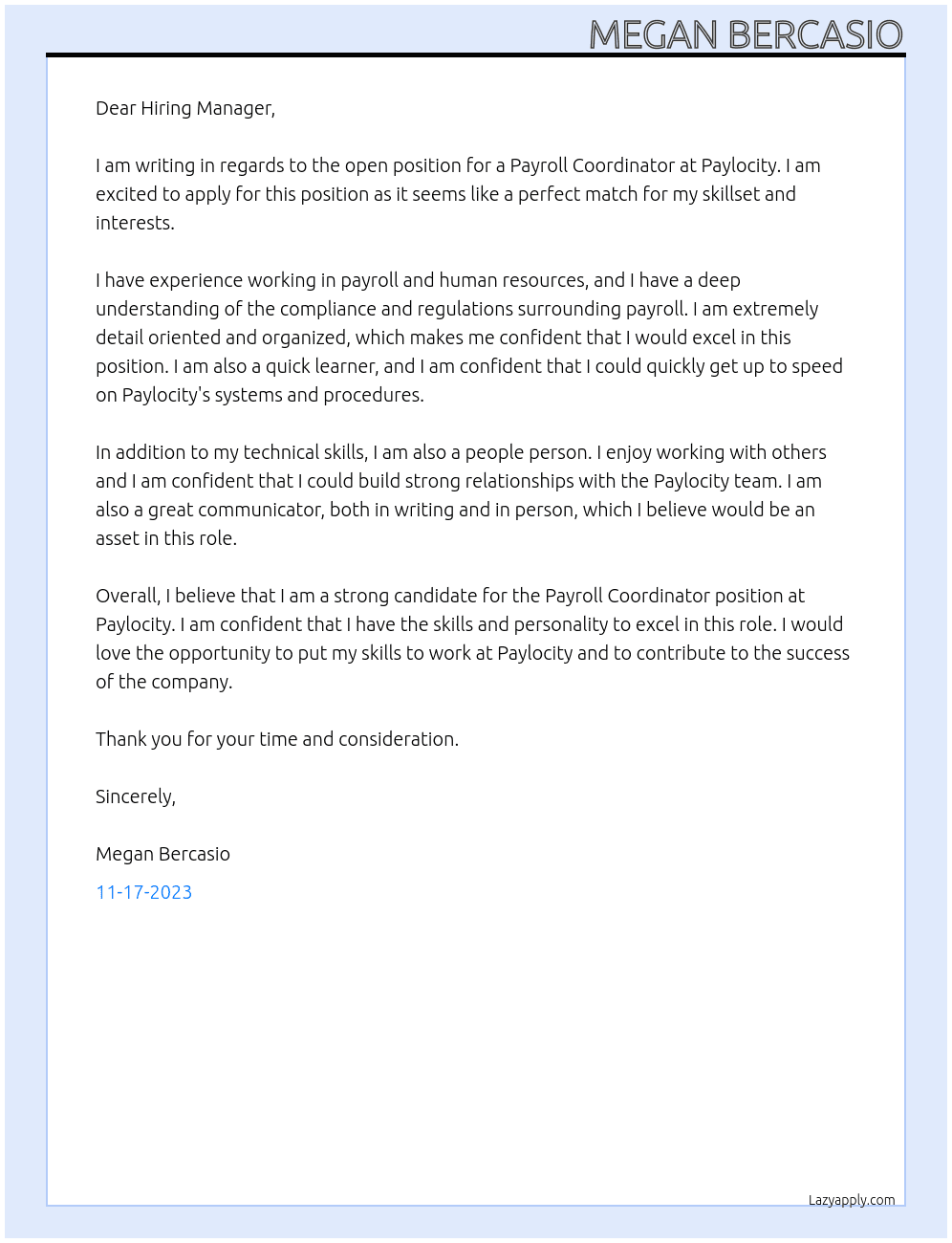 Payroll coordinator  At Paylocity Cover Letter