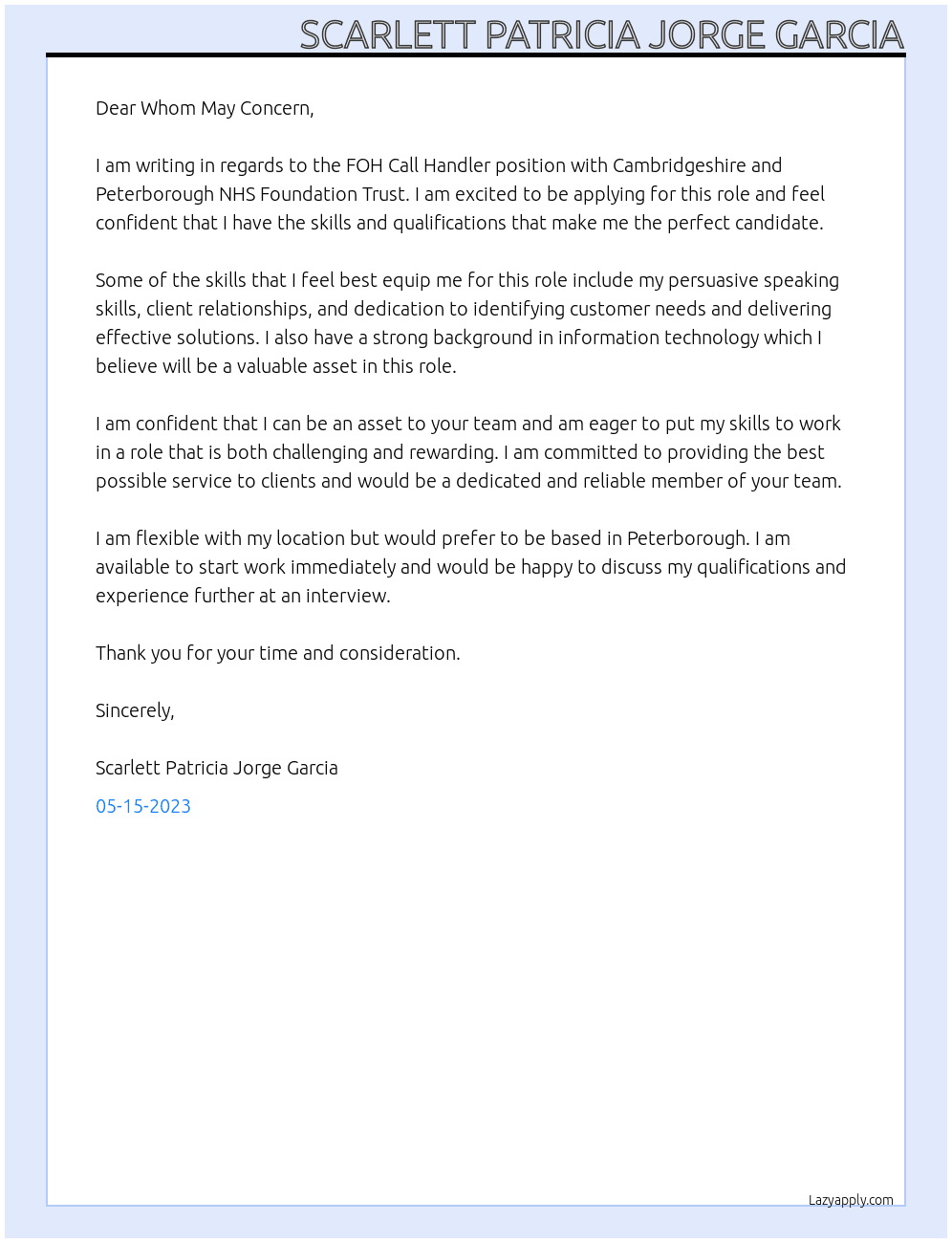 FOH Call Handler At Cambridgeshire and Peterborough NHS Foundation Trust Cover Letter