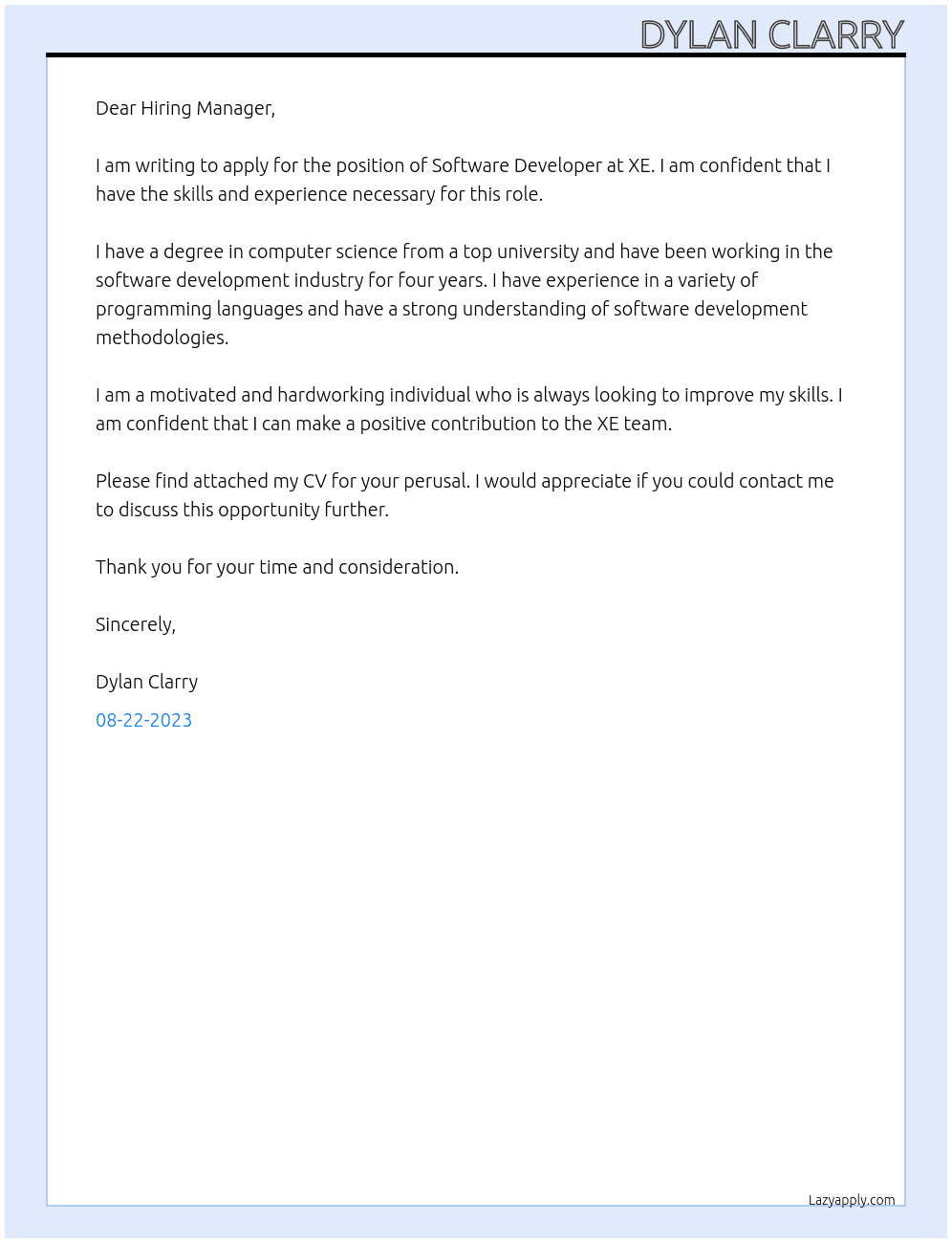 Software Developer At XE Cover Letter