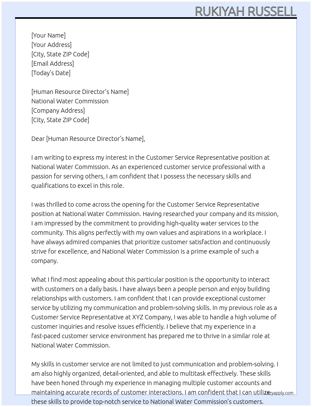 Customer Service Representative At National Water Commission Cover Letter