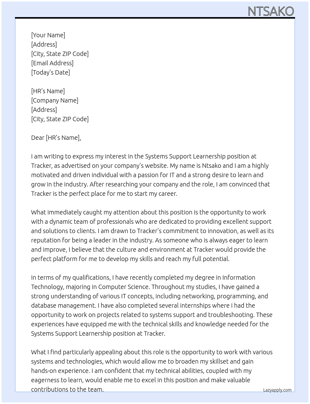 Systems support learnership  At Tracker Cover Letter